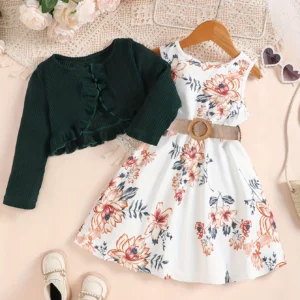 Girls 2-Piece Cardigan w/Sleeveless Dress & Belt