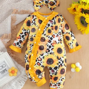 Baby Girl Jumpsuit and Headband w/Sunflowers