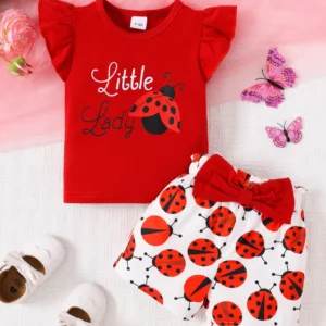 0-24M Baby Girl Ladybug  Bowknot Shorts Set