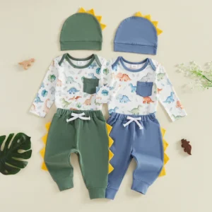 Baby Boy Fall Long Sleeve Dinosaur Print & Solid Pants