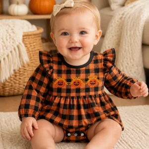 Soft Cotton Buffalo Plaid Pumpkin Baby Girl Dress